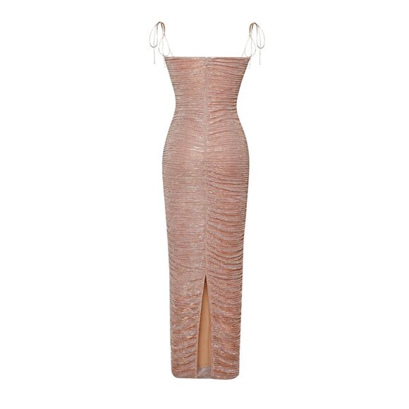 The Glint Rose Gold Ruched Chiffon Long Maxi Dress - Picture 6 of 8